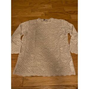 Zara, women's beige 3/4 sleeve, eyelet knit pullover sweater top size medium